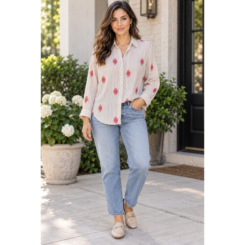 Chico's Size 3 Beige Ivory Striped Button Down Shirt Red Embroidered Boho Blouse